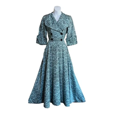 Vtg 1940’s Blue Floral Huge Collar Fit & Flare 3/4 Cuff Sleeves Wrap Dress S/M - Image 1 of 4