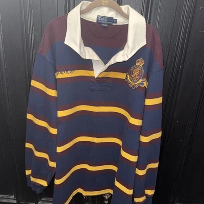 Polo Ralph Lauren Striped Rugby Crest Navy, Gold & Burgundy Size 2XLT Number 8 - Image 1 of 4