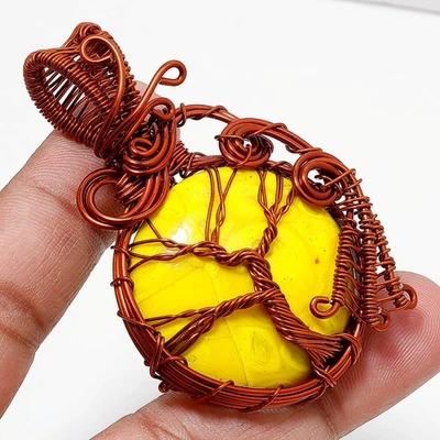 Colgante de cobre con piedras preciosas de calcedonia amarilla hecho a mano envoltura de alambre joyería 2,5" s48 Foto 1 de 4