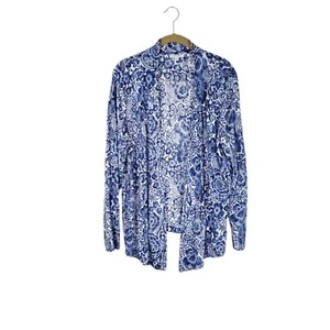 Chicos Linen Convertible Cardigan Blue White Paisley Sweater Size 2/Large - Picture 1 of 7