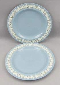 Wedgwood Etruria & Barlaston White Embossed On Blue Salad Dessert Plates x 2 (8" - Picture 1 of 4