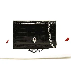 Alexander McQueen Calfskin Crocodile Embossed Skull Mini Crossbody Bag Black - Picture 1 of 17