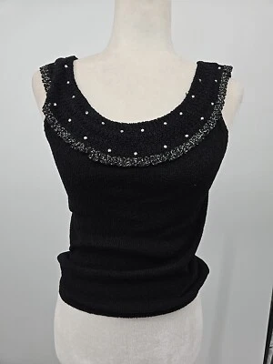 Camiseta sin mangas vintage de los años 50 tejida negra con cuello de estrás pequeña Rockabilly Foto 1 de 4