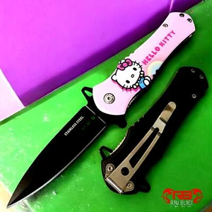 8" PINK Hello Kitty SPRING ASSISTED FOLDING POCKET KNIFE BLACK Blade Assist Open - Picture 1 of 4