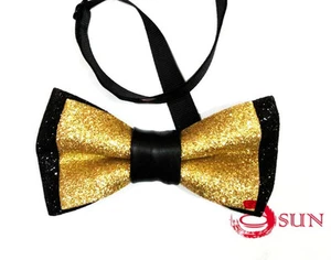  Mens PVC Faux Leather Gold Golden Black Shining Bow Tie Bowties Wedding Party - Picture 1 of 3