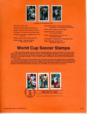 1994 USPS Souvenir Page FDC World Cup Soccer Stamps  #94-14 w/Watermark - Image 1 of 3