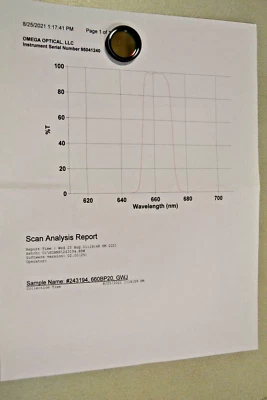 Optical Filter 660BP20. 25.4mm Camara Ring mounted, 6.5mm thick - Image 1 of 4
