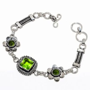 Peridot Gemstone 925 Sterling Silver Bracelet 7-8" I861 - Picture 1 of 6