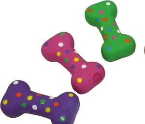 (3 toys) Multipet Latex Polkadot Bone 4" XS Assorted colors Dog Toy W/ Squeaker - Picture 1 of 1