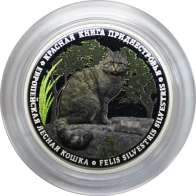 Moneda Transnistria 2020 color plata prueba bosque gato fauna WWF libro rojo vida silvestre Foto 1 de 2