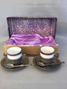 Vintage 2 Pewter Demitasse Cups and Saucers Kronester Bavaria  - Picture 1 of 12