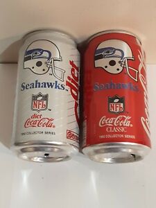 2 VINTAGE 1992 SEATTLE SEAHAWKS NFL COCA COLA & DIET COKE CANS BOTTOM DRAINED 