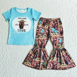 Girls Short Sleeve Bell Pants Set 2pcs Western Outfit Just a Girl Who Loves Cows - Picture 1 of 1