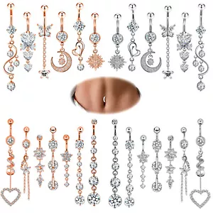 6-8pcs Dangle Belly Button Ring Clear CZ Navel Ring Surgical Steel Piercing 14G - Picture 1 of 11