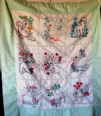 Manta Edredón Bebé Hecha a Mano Aplicada Bebé Animales Verde 35"x30" Gatito Elefante Foto 1 de 4