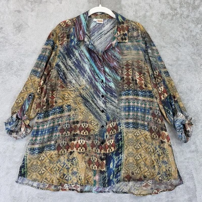 Blusa de seda feminina Tianello por Steve Barraza L multicolorida asteca boho arte para usar - Imagem 1 de 4