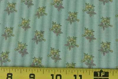 By 1/2 Yd, Pink & Gold Floral on Pastel-Green Striped Cotton, Moda/Pandolph,V654 - Image 1 of 4