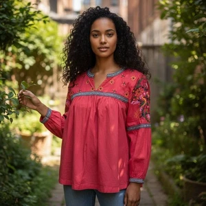 Crown & Ivy rot bestickt Boho Bauern Top Blumen Langarm Bluse Gr. S - Bild 1 von 5