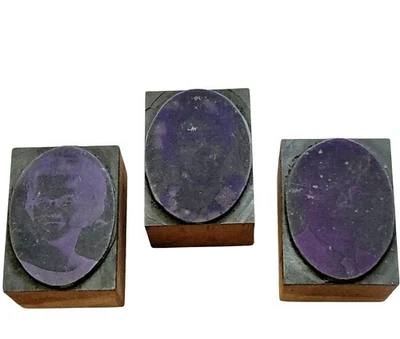 Letter Printing Press Photo Portrait 3 Wooden Blocks Names Back Vtg Antique - Image 1 of 4