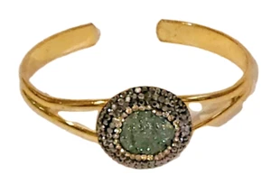 Rhinestone & Aquamarine Druzy Cabochon Gold Tone 2 ½ " Cuff Bracelet - Picture 1 of 11