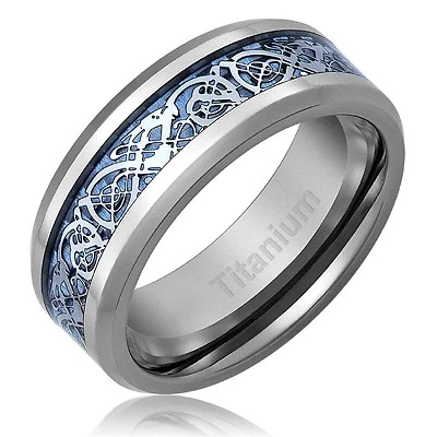Men's Titanium Wedding Ring, Celtic Blue Dragon Design, 8mm Wide Wedding Band - Image 1 of 3