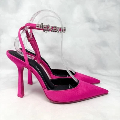 Alexander Wang Delphine Rhinestone Logo Strap Pointed Toe Pump Heels Hot Pink 38 - Image 1 of 4
