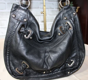 B Makowsky Black Pebbled Leather Shoulder Hobo Bag w Logo Animal Print Lining - Picture 1 of 12