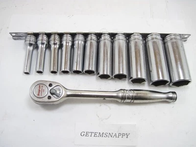 Snap On 3/8" Drive 11pc Deep 6pt SAE Socket Set 1/4" to 7/8" & Ratchet NICE - Image 1 of 4