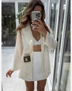ZARA Ecru Sequinned Sequin Open Blazer Jacket Oversized Size S 9598/052 - Picture 1 of 6