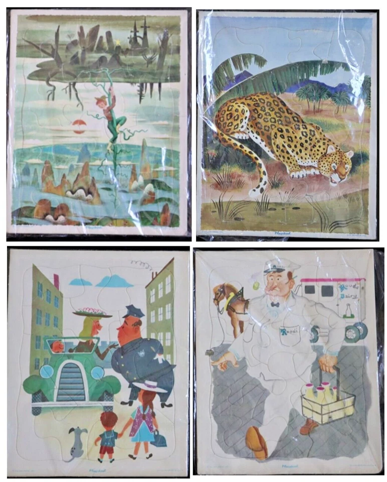 Rompecabezas vintage para niños 4 Playskool prensa dorada arte de pared Jack Beanstalk Tiger 1970 Foto 1 de 4