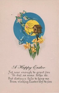 Cartolina Auguri Pasqua Luna Piena Sfondo Rosa Casa Uccellini Fiori Giallo Rosa - Foto 1 di 2