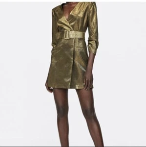 Zara Size XL Dress Gold Belted Length 34” Polyblend #S2 - Picture 1 of 5