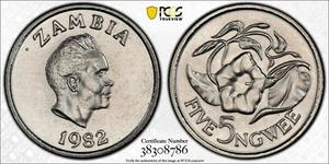 1982 ZAMBIA 5 NGWEE PCGS SP66 - KINGS NORTON MINT COLLECTION - Picture 1 of 1