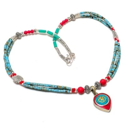 Collar de plata de ley 925 turquesa tibetana natural, piedras preciosas de coral D591 Foto 1 de 4