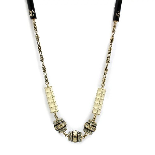 Collana lunga CHANEL Coco Mark catena strass oro bianco nero con scatola originale