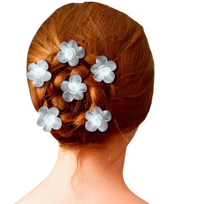 6 épingles cheveux mariage soirée mariée fleur blanche rose en satin organza - Photo 1/2