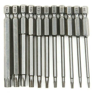 11pcs Torx Bit Set 100mm 1/4" LONG HOLE T6 T7 T8 T9 T10 T15 T20 T25 T27 T30 T40- - Bild 1 von 9