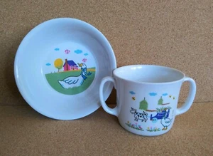 Vintage Toddler Cup & Bowl Set Farm House Wagon Hay Cow Goose - Picture 1 of 10