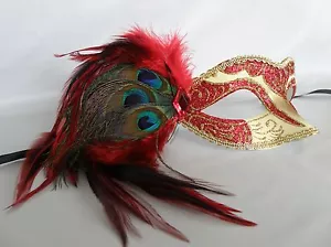Venetian Masquerade Party Mask - Red & Gold With Peacock Feathers - NEW - - Picture 1 of 3