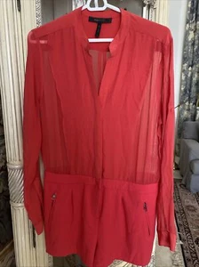 BCBGMAXAZRIA  Paloma Silk Top Romper Coral  V-Neck SZ M Long Sleeve Zip Pockets - Picture 1 of 7