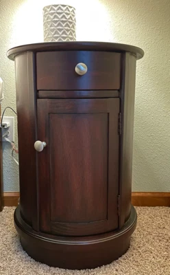 Rustic Cherry Oak Wood Round Side End Table Cabinet Nightstand w Storage Drawer - Image 1 of 4