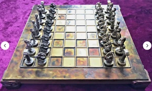 Old Vintage Roman Chess Full Metal Set Pieces And Vintage Board On Feet 20cm - Picture 1 of 22