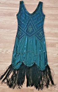 Fundaisy Flapper Dress S Green Beaded Sequin Stretch Great Gatsby Formal Prom - Picture 1 of 17