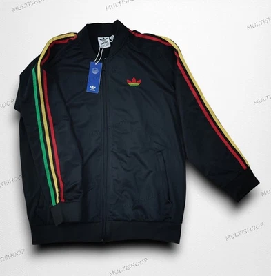 Nova Jaqueta Adidas Masculina Preta Estilo Vintage Rasta Colorida Jamaica Bob Marley com Zíper - Imagem 1 de 4