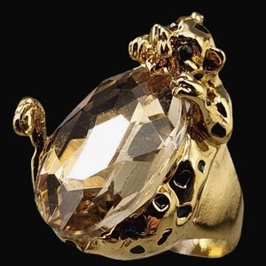 Panther Jaguar Topaz Glass Ring Gold Tone Oval Sz 8 Cocktail Rhinestone 3D Cat - Picture 1 of 12