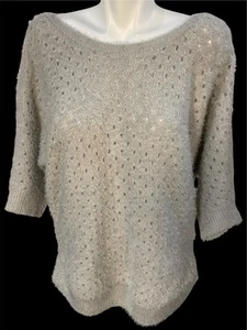 Lauren Michelle Gray Eyelet Eyelash Sweater Pearl Buttons on Sleeves Size Large - Picture 1 of 6