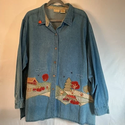 Camisa De Colección Bobbie Brooks Para Mujer Botón Otoño Halloween Talla 26W Denim Novedad Foto 1 de 4