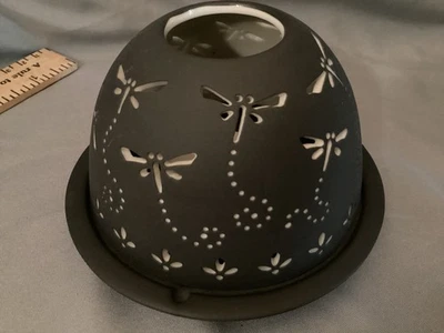 Gris Bisque Cerámica Litopano Libélula Cúpula Hada Luz Té Soporte de Luz Foto 1 de 4