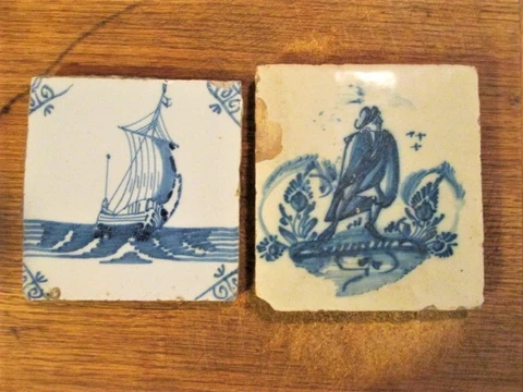2 Antique Delft Tiles Blue and White 18th 19th c Sailboat & Man in Cloak 6995 Cover