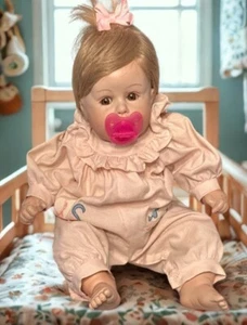 Vintage 1987 18" DeHetre Porcelain Baby Girl Doll Brown Eyes Lashes Blonde Hair - Picture 1 of 13